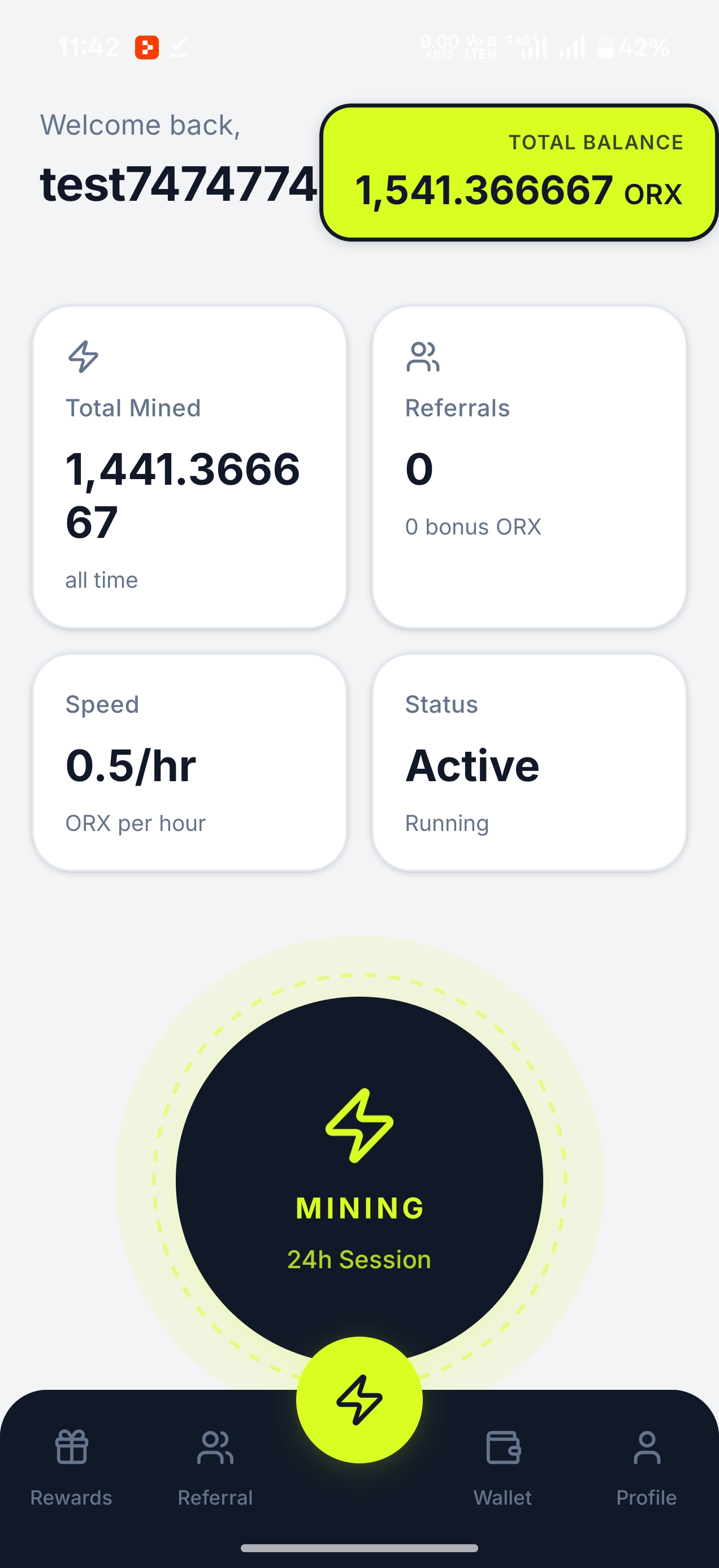 Orex Network app — mining dashboard